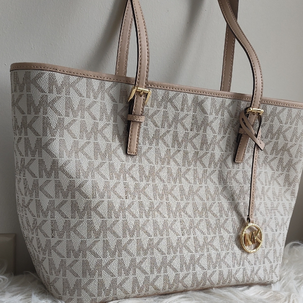 Michael Kors Cream Signature Tote with Leather Trim - Picture 3 of 12
